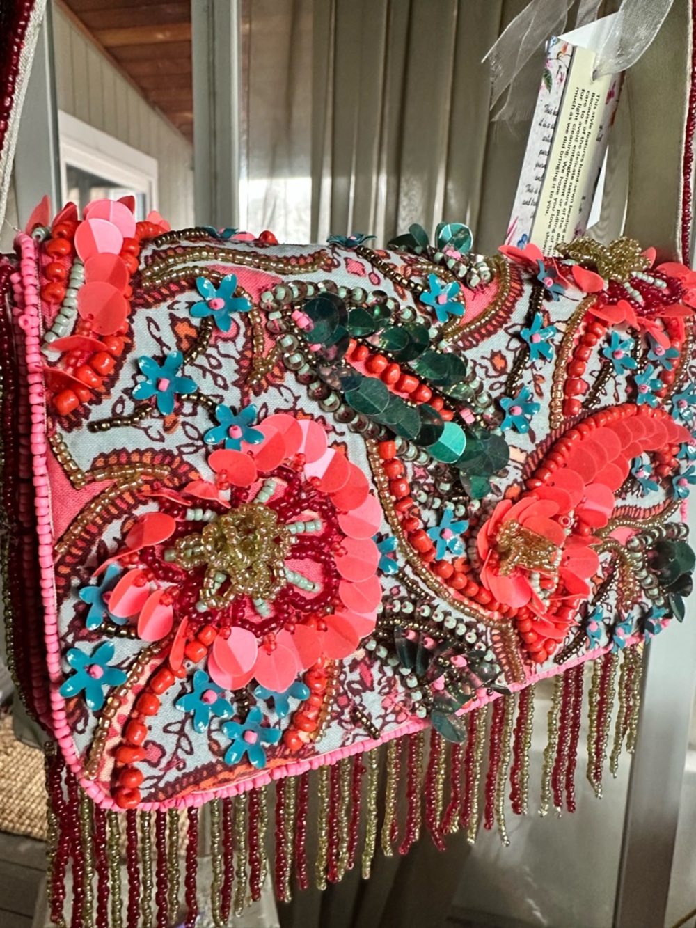 NWT Stunning beaded Floral and Paisley Fringe Clutch, Turquoise and Pink Coral.